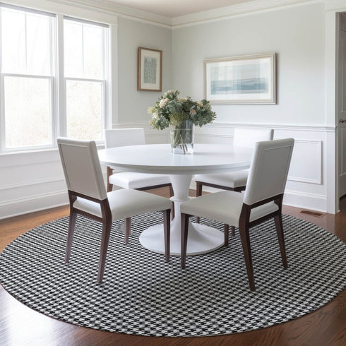 8' Black And White Houndstooth Washable Round Rug With UV Protection