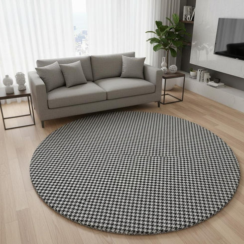 8' Black And White Houndstooth Washable Round Rug With UV Protection