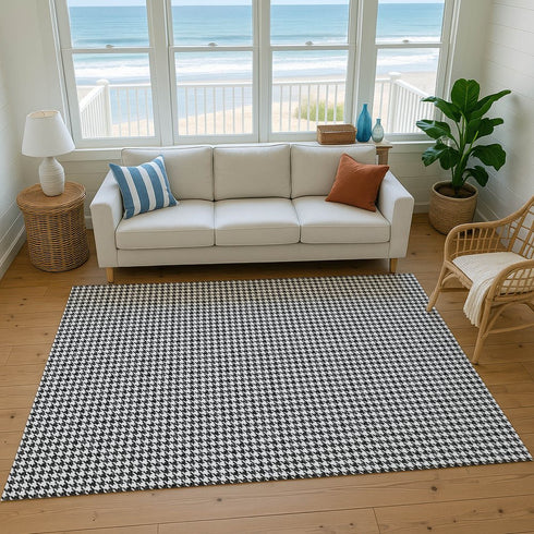 9' X 12' Black And White Houndstooth Washable Area Rug With UV Protection