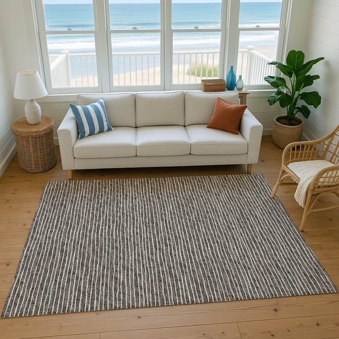 9' X 12' Chocolate And Ivory Striped Washable Area Rug With UV Protection