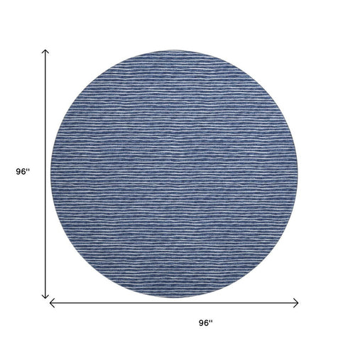 8' Navy Blue And Ivory Striped Washable Round Rug With UV Protection