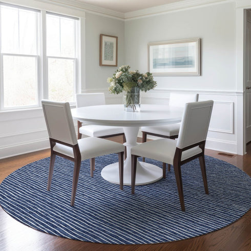 8' Navy Blue And Ivory Striped Washable Round Rug With UV Protection
