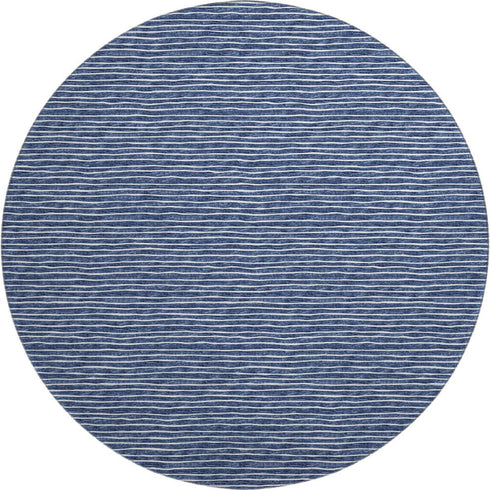 8' Navy Blue And Ivory Striped Washable Round Rug With UV Protection