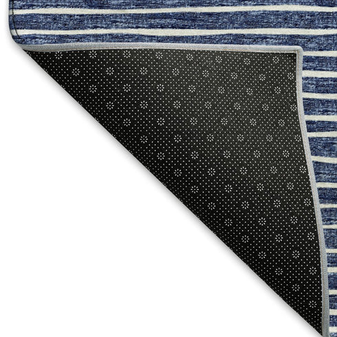 8' Navy Blue And Ivory Striped Washable Round Rug With UV Protection