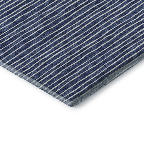 8' Navy Blue And Ivory Striped Washable Round Rug With UV Protection