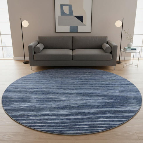 8' Navy Blue And Ivory Striped Washable Round Rug With UV Protection