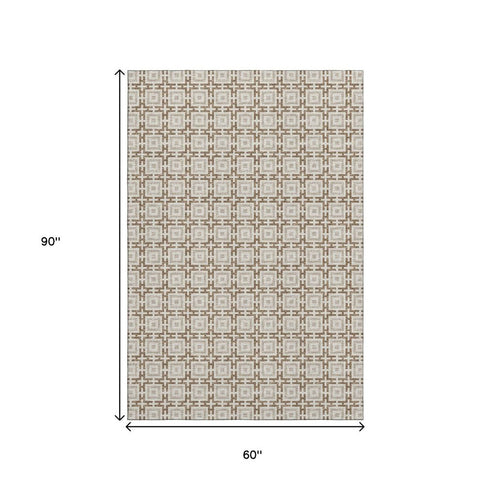 5' X 8' Taupe And Beige Geometric Washable Area Rug With UV Protection