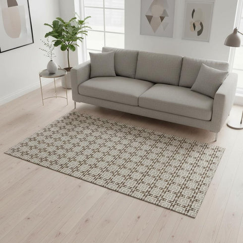 5' X 8' Taupe And Beige Geometric Washable Area Rug With UV Protection