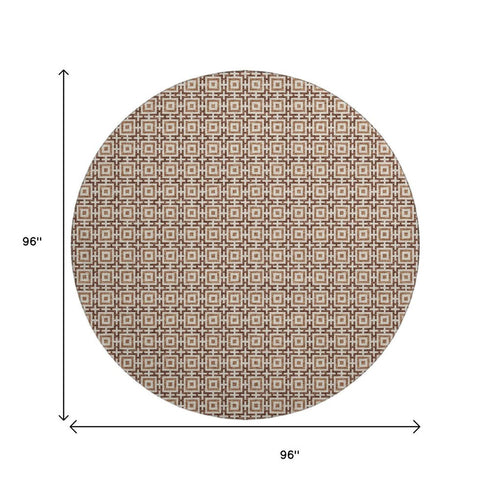 8' Rust And Beige Geometric Washable Round Rug With UV Protection