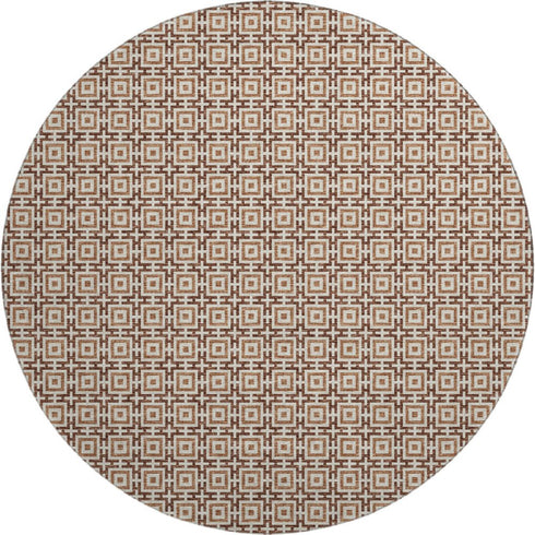 8' Rust And Beige Geometric Washable Round Rug With UV Protection