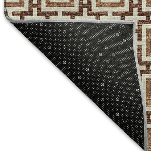 8' Rust And Beige Geometric Washable Round Rug With UV Protection
