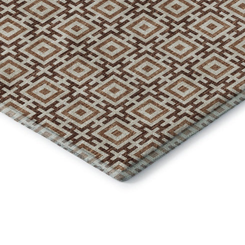 8' Rust And Beige Geometric Washable Round Rug With UV Protection