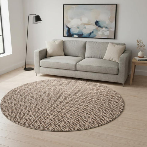 8' Rust And Beige Geometric Washable Round Rug With UV Protection