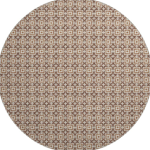 8' Rust And Beige Geometric Washable Round Rug With UV Protection