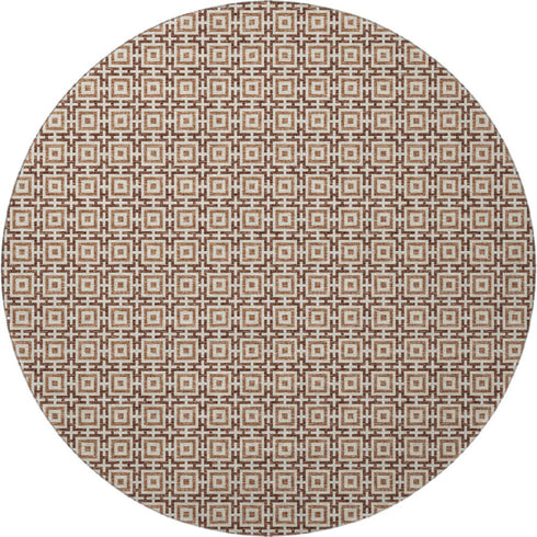 8' Rust And Beige Geometric Washable Round Rug With UV Protection