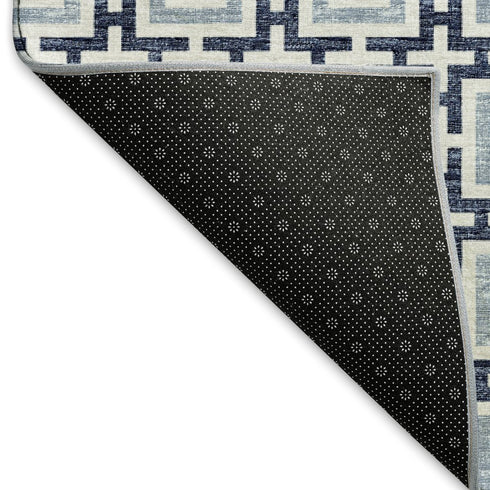 5' X 8' Navy Blue And Ivory Geometric Washable Area Rug With UV Protection