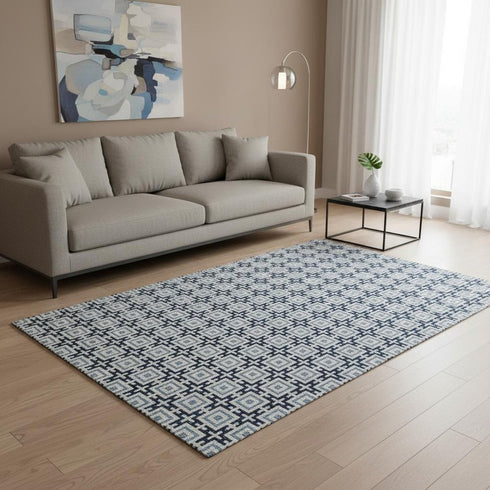 5' X 8' Navy Blue And Ivory Geometric Washable Area Rug With UV Protection
