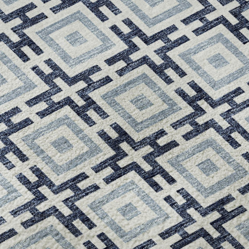 5' X 8' Navy Blue And Ivory Geometric Washable Area Rug With UV Protection
