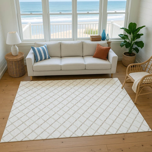 8' X 10' Ivory And Taupe Geometric Washable Area Rug With UV Protection