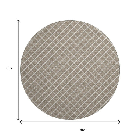 8' Taupe And Ivory Geometric Washable Round Rug With UV Protection