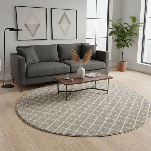 8' Taupe And Ivory Geometric Washable Round Rug With UV Protection