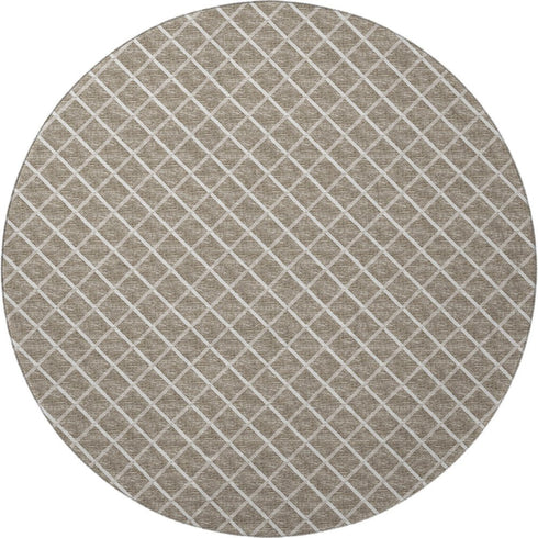 8' Taupe And Ivory Geometric Washable Round Rug With UV Protection