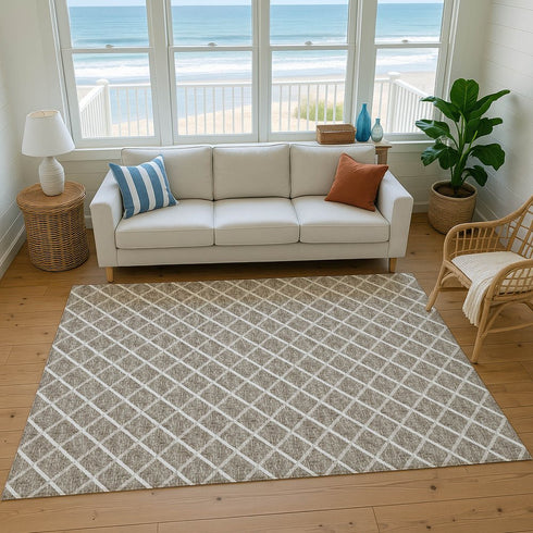 9' X 12' Taupe And Ivory Geometric Washable Area Rug With UV Protection