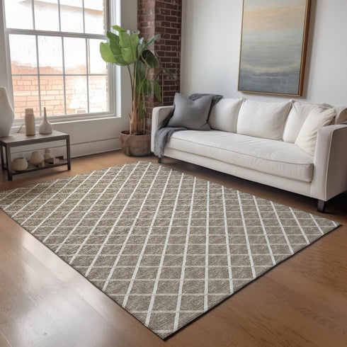 9' X 12' Taupe And Ivory Geometric Washable Area Rug With UV Protection