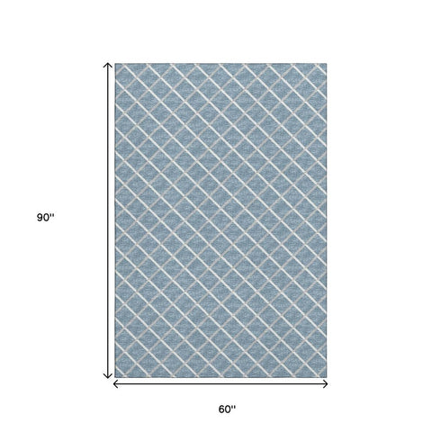 5' X 8' Sky Blue And Ivory Geometric Washable Area Rug With UV Protection