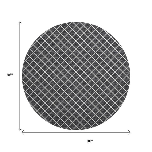 8' Black And Ivory Geometric Washable Round Rug With UV Protection
