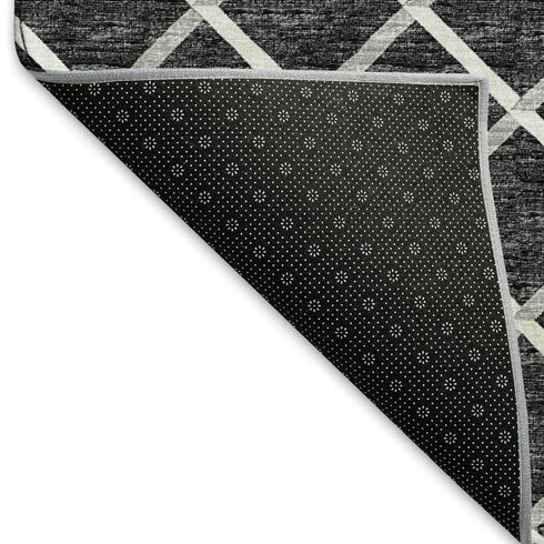 8' Black And Ivory Geometric Washable Round Rug With UV Protection