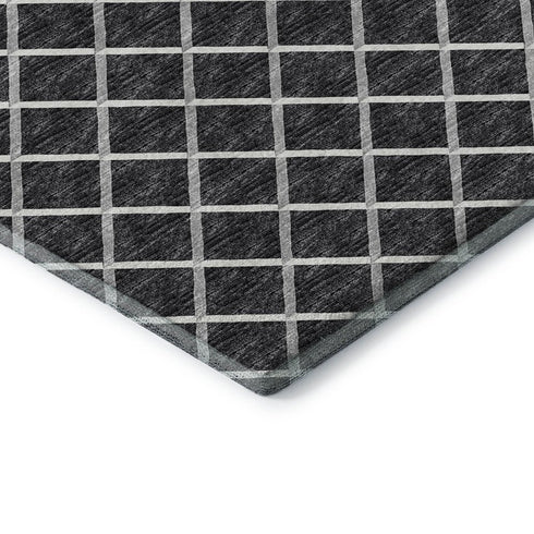 8' Black And Ivory Geometric Washable Round Rug With UV Protection