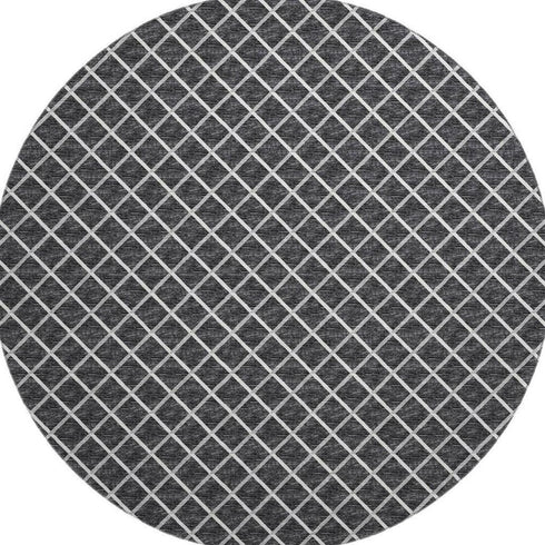 8' Black And Ivory Geometric Washable Round Rug With UV Protection
