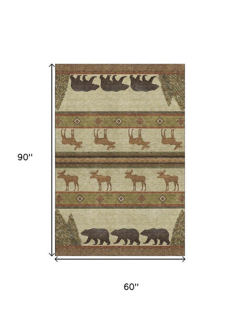 5' X 8' Brown Beige And Rust Animal Print Washable Area Rug With UV Protection