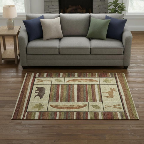 5' X 8' Brown Beige And Rust Animal Print Washable Area Rug With UV Protection
