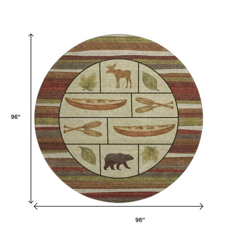 8' Brown Beige And Rust Animal Print Washable Round Rug With UV Protection