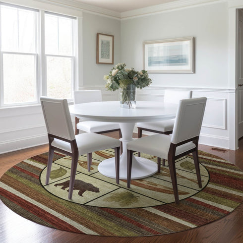 8' Brown Beige And Rust Animal Print Washable Round Rug With UV Protection