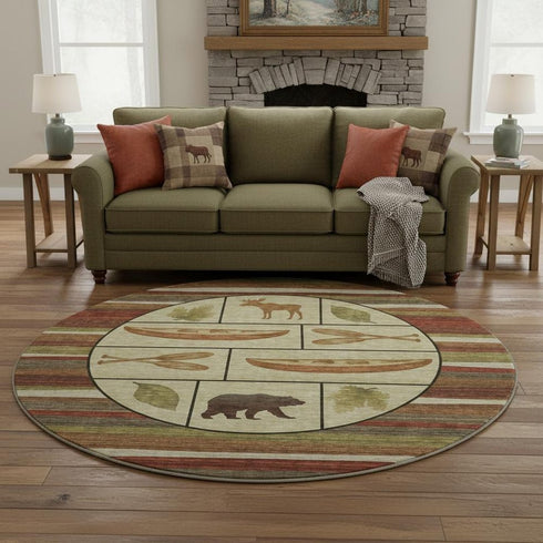 8' Brown Beige And Rust Animal Print Washable Round Rug With UV Protection
