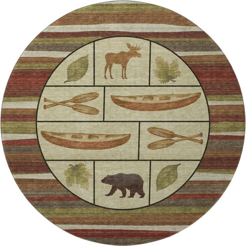 8' Brown Beige And Rust Animal Print Washable Round Rug With UV Protection