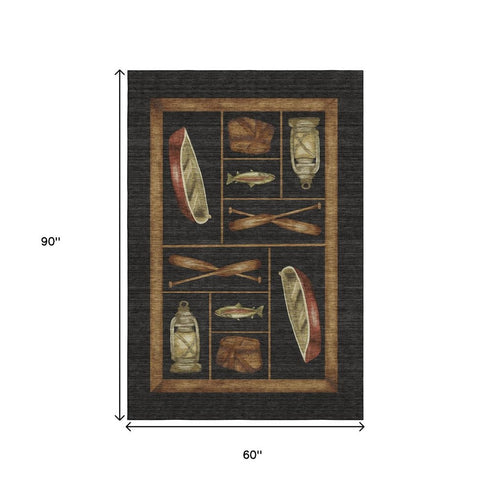 5' X 8' Midnight Brown And Rust Nautical Washable Area Rug With UV Protection