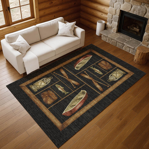 9' X 12' Midnight Brown And Rust Nautical Washable Area Rug With UV Protection
