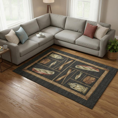 9' X 12' Midnight Brown And Rust Nautical Washable Area Rug With UV Protection