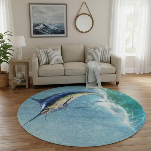 8' Caribbean Blue Emerald And Beige Nautical Washable Round Rug With UV Protection