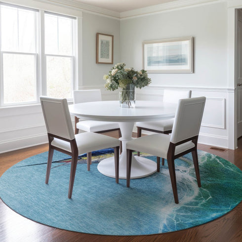 8' Caribbean Blue Emerald And Beige Nautical Washable Round Rug With UV Protection