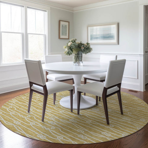 8' Gold And Ivory Nautical Washable Round Rug With UV Protection