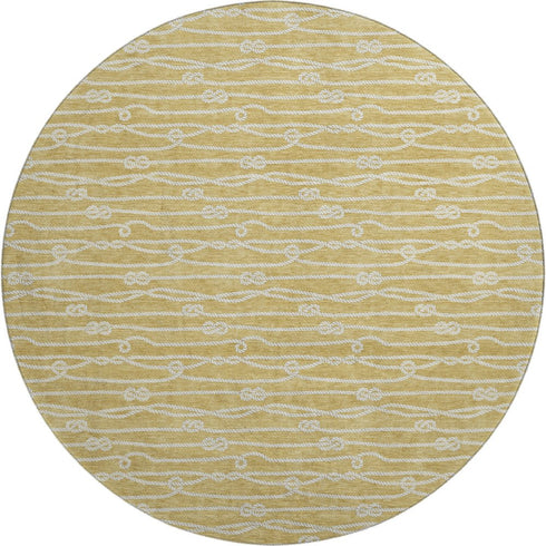 8' Gold And Ivory Nautical Washable Round Rug With UV Protection