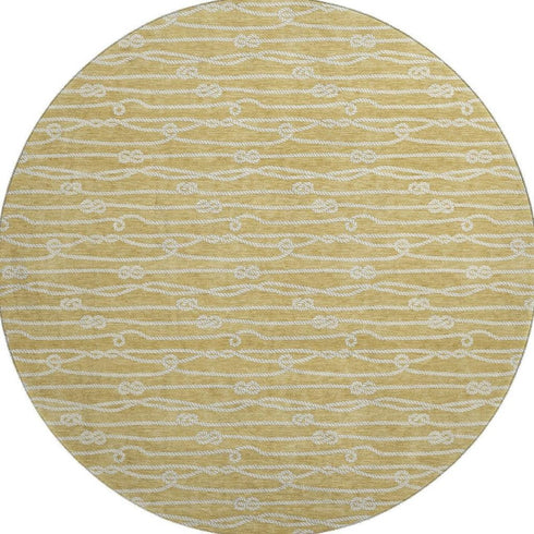 8' Gold And Ivory Nautical Washable Round Rug With UV Protection