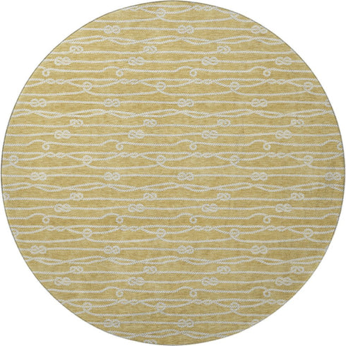 8' Gold And Ivory Nautical Washable Round Rug With UV Protection