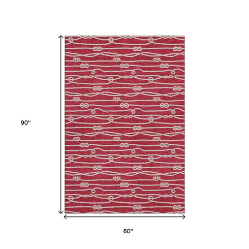 5' X 8' Red And Ivory Nautical Washable Area Rug With UV Protection
