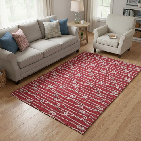 5' X 8' Red And Ivory Nautical Washable Area Rug With UV Protection